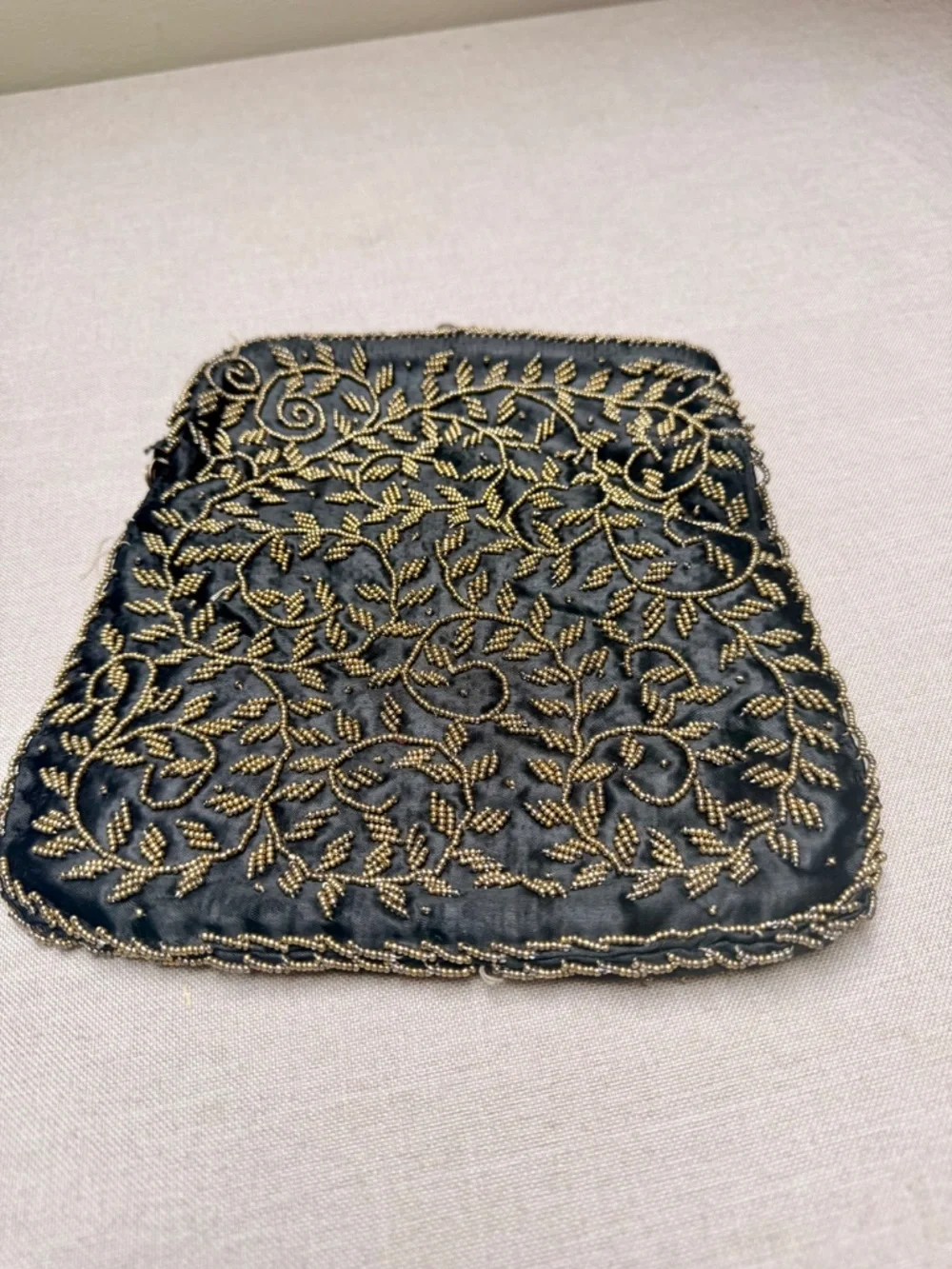 Vintage Hong Kong Victorian Style Black and Gold Beaded Clutch Formal Evening